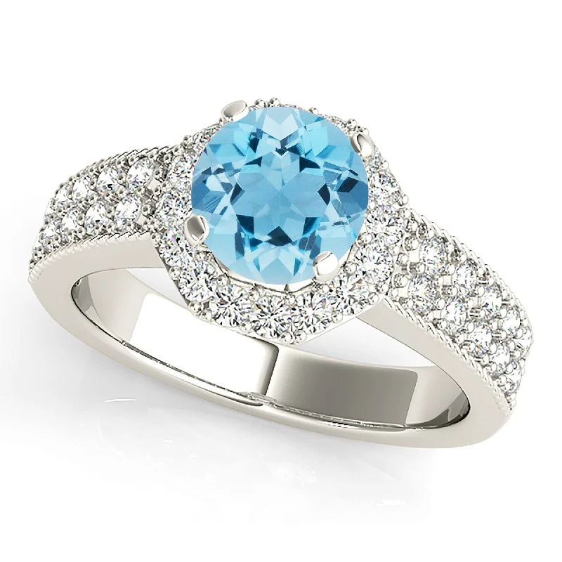 1.10 ct. Genuine Aquamarine Ring With Halo and Double Row Diamond Band