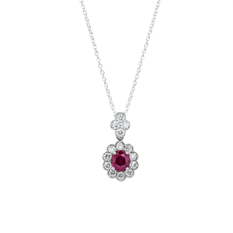 vintage-inspired necklaces for women-Deja Vu Platinum 1.30ct Ruby and Diamond Pendant