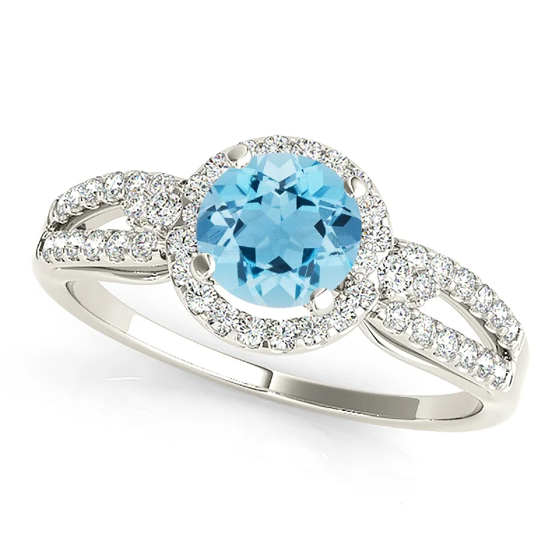 1.10 ct. Genuine Aquamarine Ring With Halo, Curved Open Diamond Band