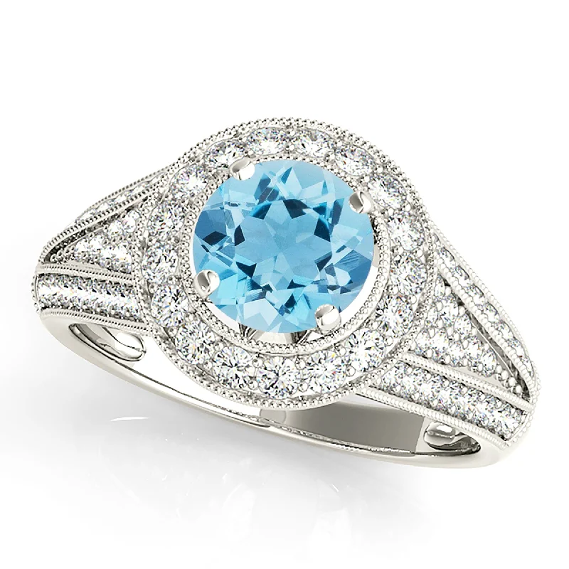 1.10 ct. Genuine Aquamarine Ring With Milgrain Halo And Graduating Diamond Shank