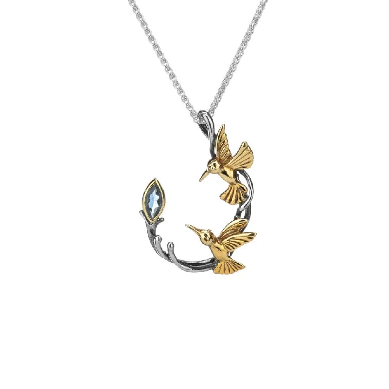 charm necklaces for women-Silver and 10k Gold Double Hummingbird Pendant - Blue Topaz/Rhodolite/White Topaz/Peridot