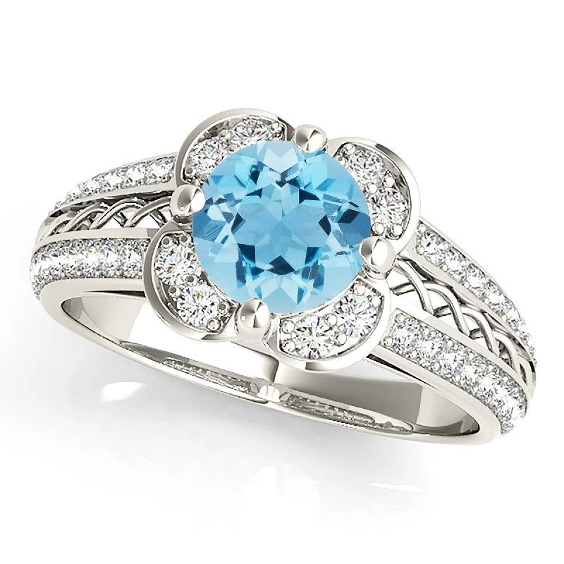 1.75 ct. Genuine Aquamarine Ring With Floral Halo, Graduating Diamond Band