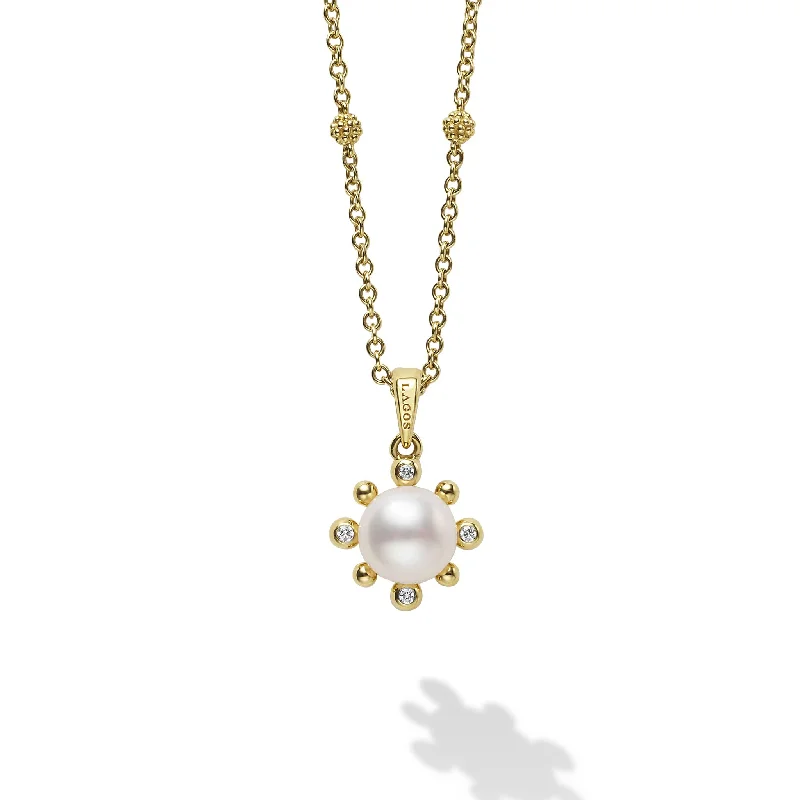 long necklaces for women-Luna 18K Gold Fleur Pearl Diamond Pendant Necklace