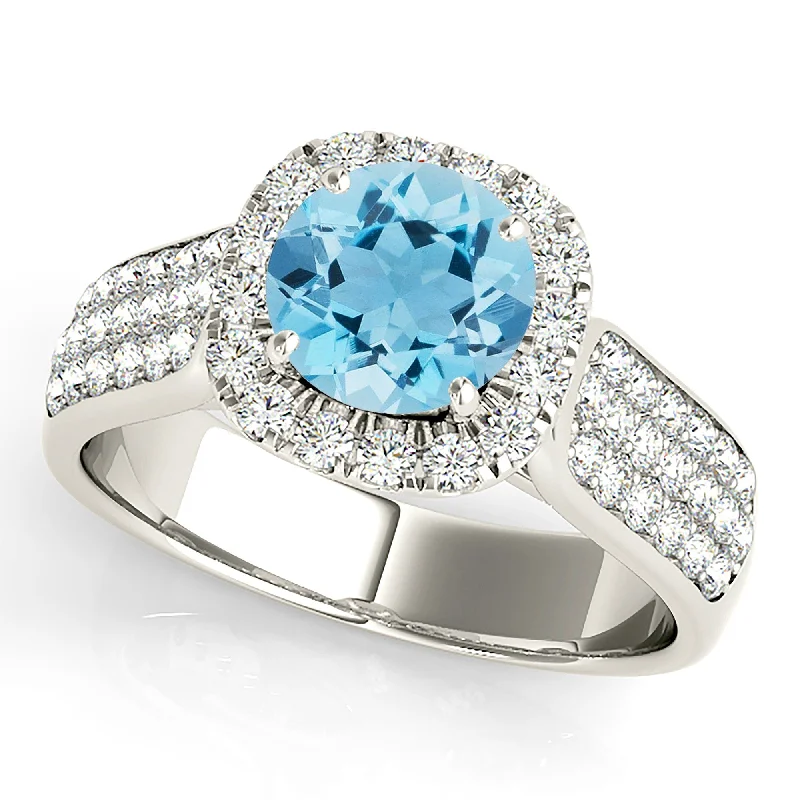 1.10 ct. Genuine Aquamarine Ring With Cushion Halo And Triple Row Diamond Band