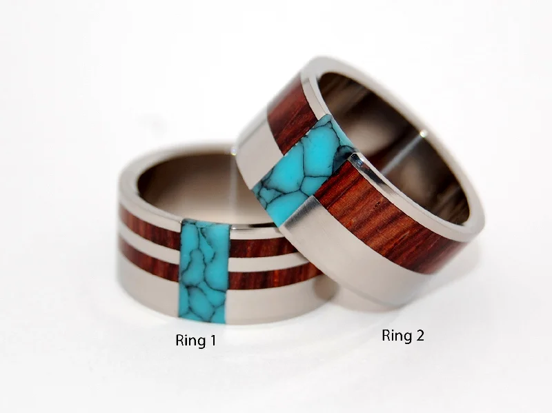 Soul Mates | Turquoise, Cocobolo Wood & Titanium - Unique Wedding Ring - Wedding Ring Set