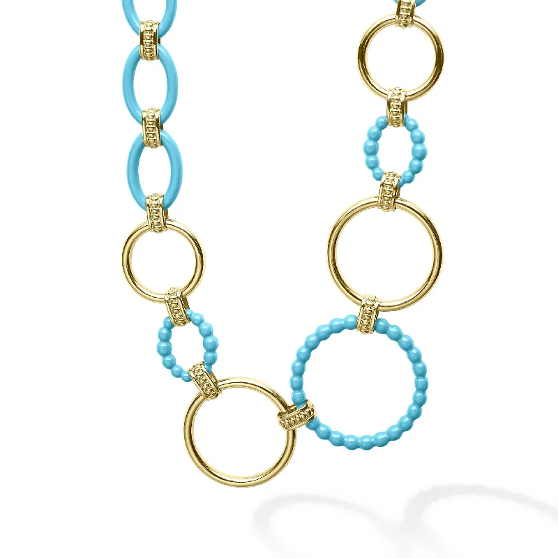 delicate necklaces for women-Meridian Long 18K Gold and Blue Ceramic Link Necklace