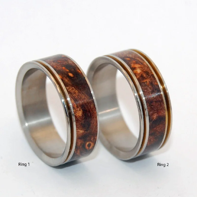 Miracles Happen | Dark Maple Wood & Titanium - Unique Wedding Ring Set