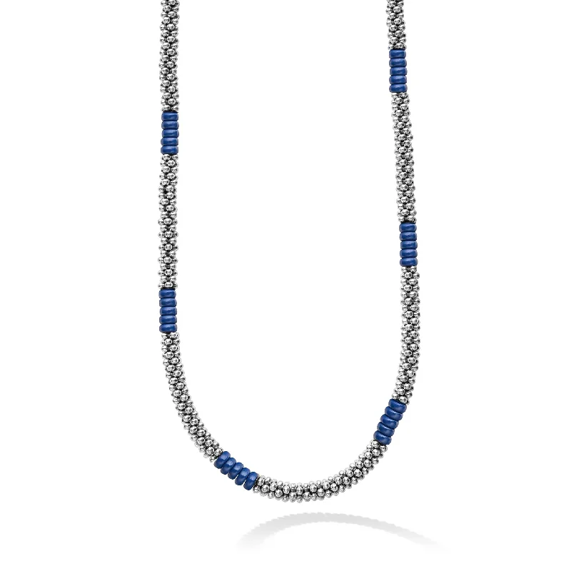 birthday gift necklaces for women-Blue Caviar Ultramarine Silver Station Ceramic Beaded Necklace 3mm