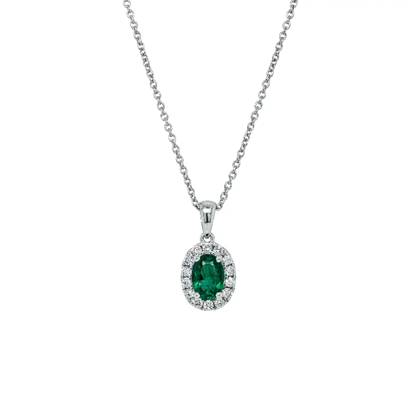 bohemian necklaces for women-18ct White Gold .72ct Emerald & Diamond Halo Pendant