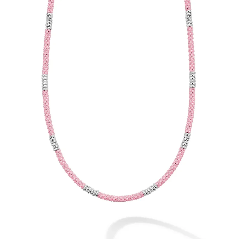 sterling silver necklaces for women-Pink Caviar Pink Silver Station Ceramic Beaded Necklace | 3mm