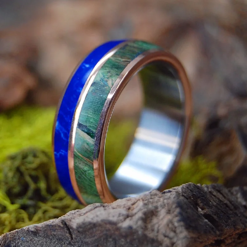 Sodalite Stone Bronze | Men's Sodalite Stone, Green Box Elder Wood, Bronze & Titanium Wedding Ring