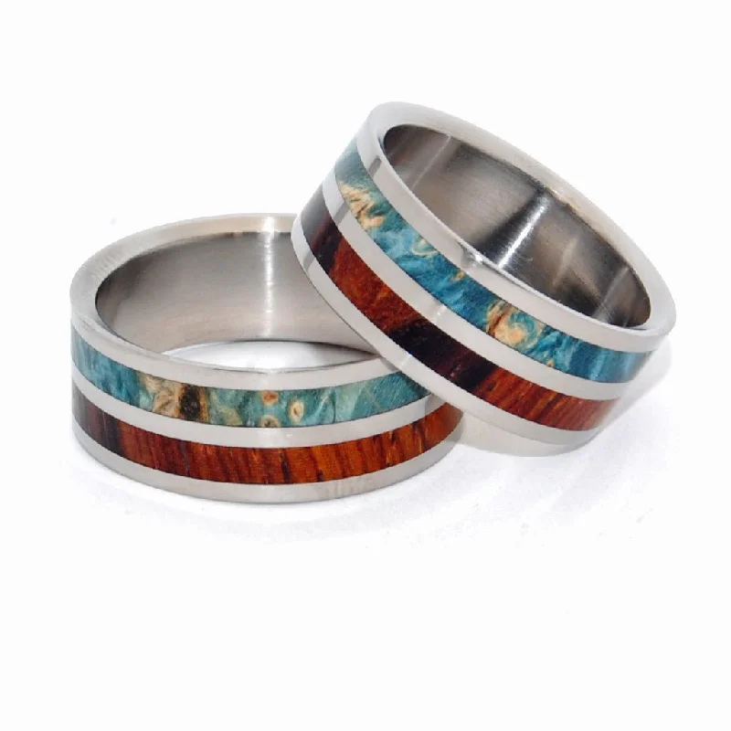 Two Kings Unite | Blue Box Elder Wood & Cocobolo Wood - Titanium Matching Wedding Ring Set