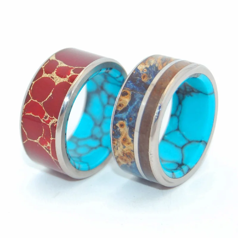 Bold Set | Blue Box Elder Wood, Red Jasper Stone, Turquoise - Titanium Wedding Ring Set