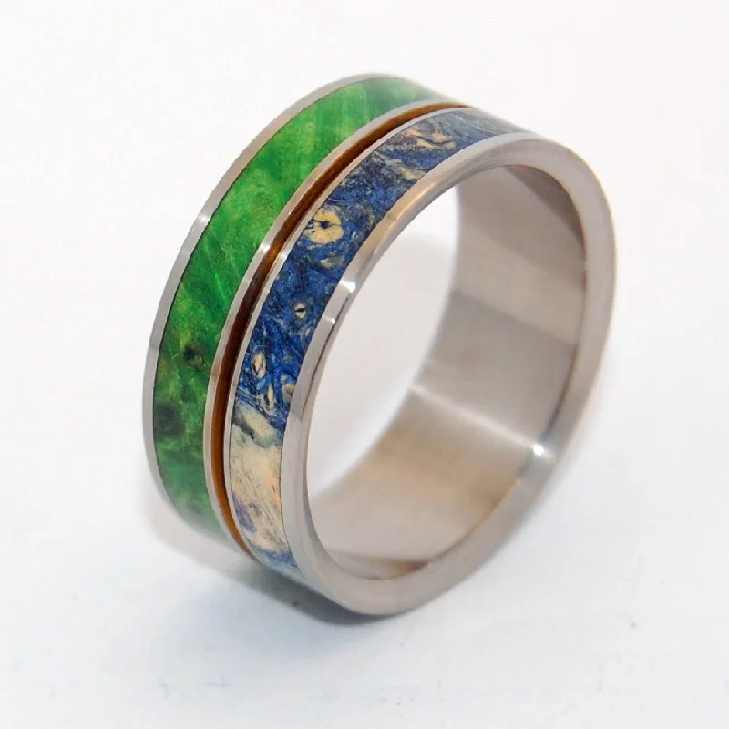 Stars & Moss | Men's Green Box Elder Wood, Blue Box Elder Wood & Titanium Wedding Ring