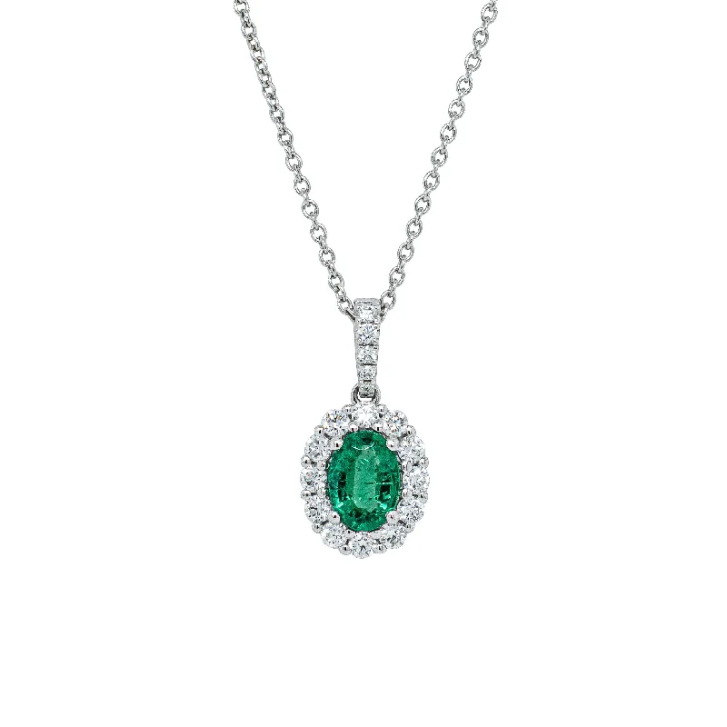 heart pendant necklaces for women-18ct White Gold .63ct Emerald & Diamond Halo Pendant