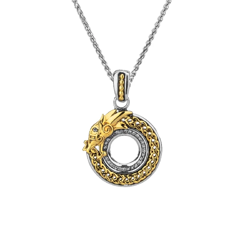 engraved necklaces for women-Silver and 10k Gold Round Dragon Pendant Small - White Sapphire