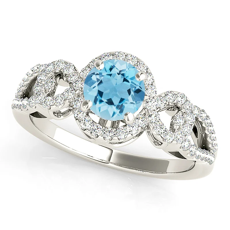 1.10 ct. Genuine Aquamarine Ring With Halo, Open Rounded Diamond Band