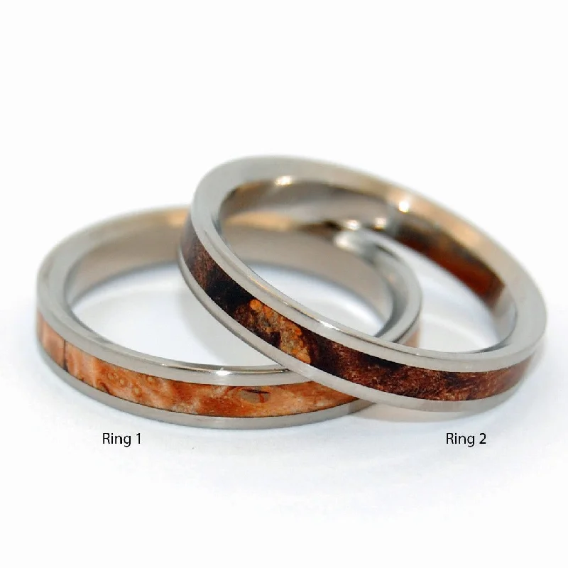 Owl Moon | Dark Maple & Light Maple Wood - Wooden Wedding Ring - His & Hers Matching Titanium Wedding Ring Set