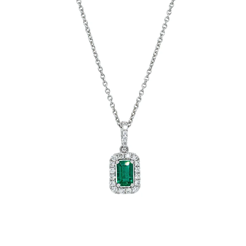 adjustable gemstone necklaces for women-18ct White Gold .37ct Emerald & Diamond Halo Pendant