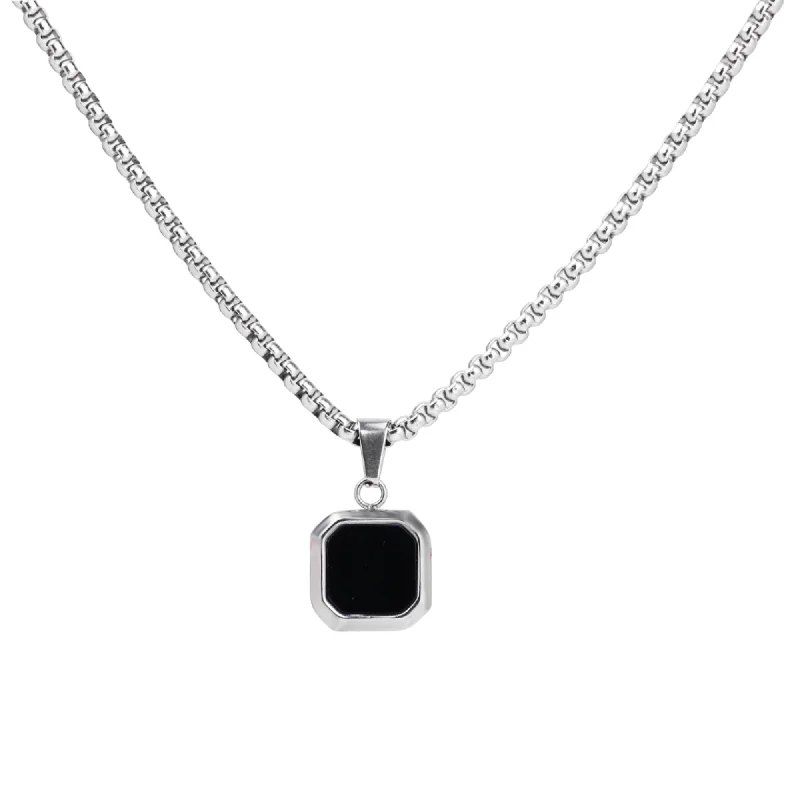 classic gold chain necklaces for women-Silver Necklace with Square Onyx Pendant