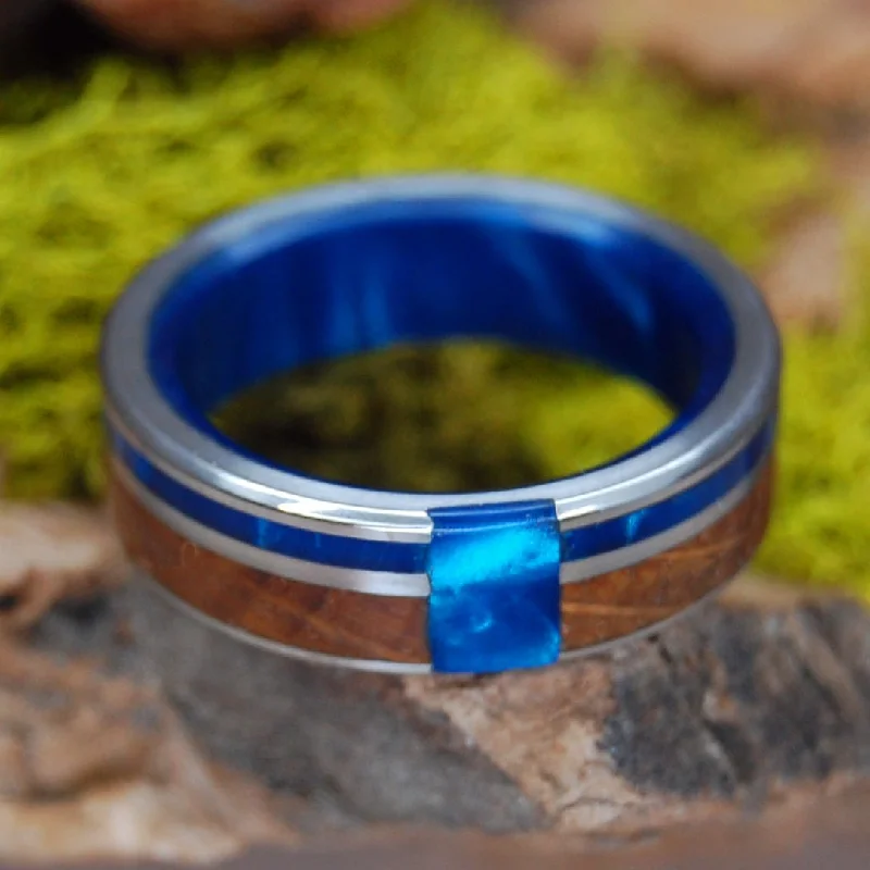 Whiskey On Ice | Men's Whiskey Barrel Wood, Blue Marbled Opalescent & Titanium Wedding Ring