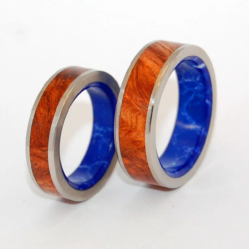 Blue Conifer | Sodalite Stone & Amboyna Burl Wood - His & Hers Wedding Band Set - Wooden Wedding Ring