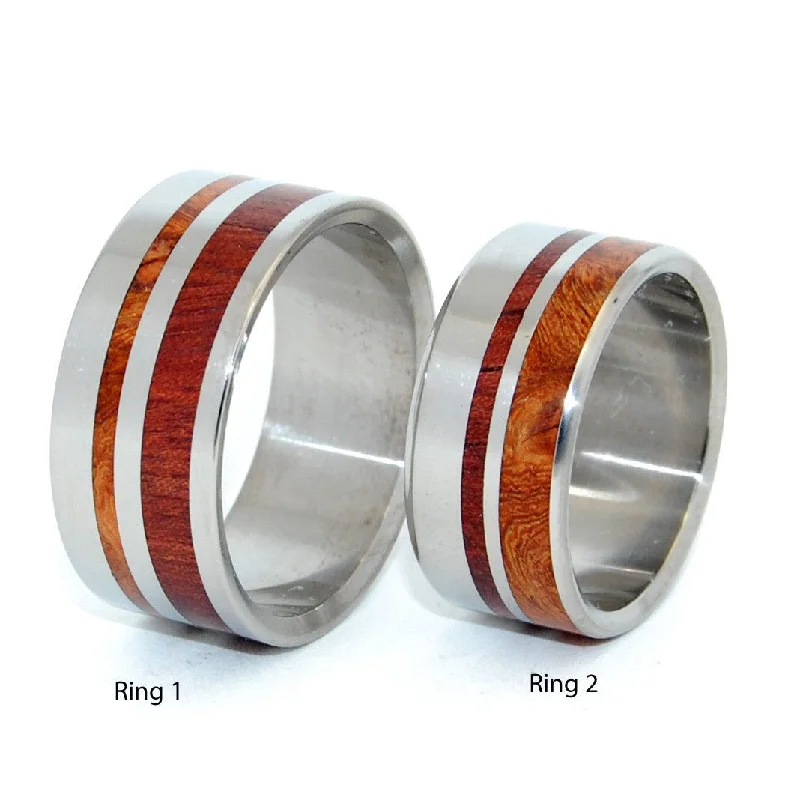 Stronger Together | Dark Maple Wood, Koa Wood & Titanium - Unique Wedding Ring Set