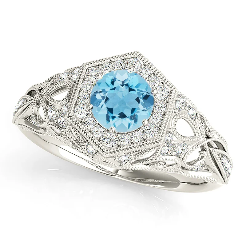 1.10 ct. Genuine Aquamarine Ring With Milgrain Halo,  Diamond Fancy Band