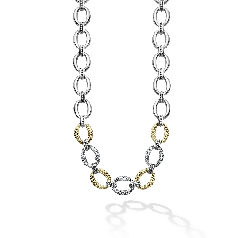 sterling silver necklaces for women-Caviar Lux Three Station Diamond Link Necklace