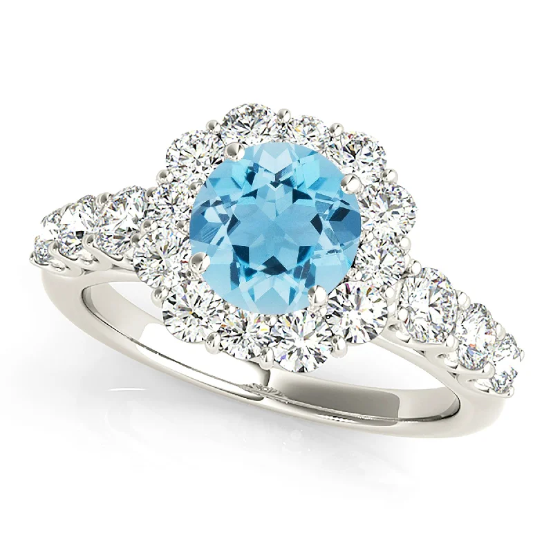 1.10 ct. Genuine Aquamarine Ring With  Floral Halo And Fancy Diamond Band