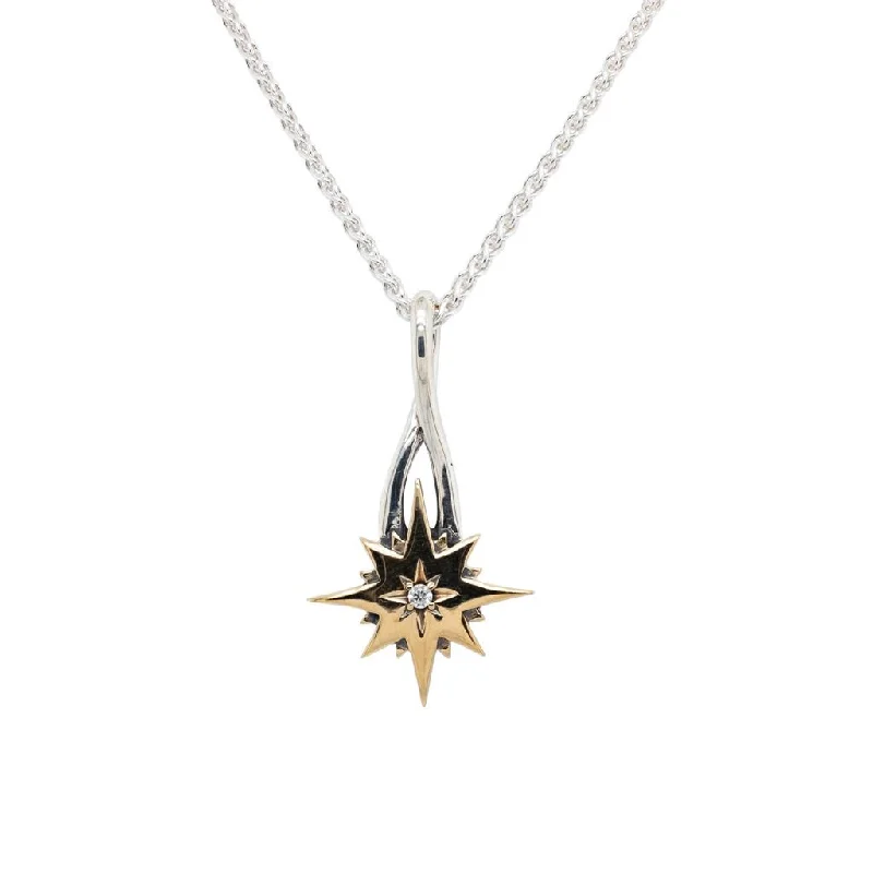 layered necklaces for women-Silver and 10k Gold Compass Star Pendant-White Sapphire