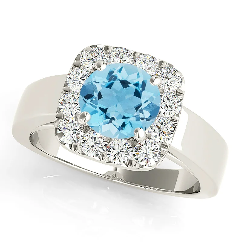 2.00 ct. Genuine Aquamarine Ring With Cushion Halo And Solid Gold Wide Band