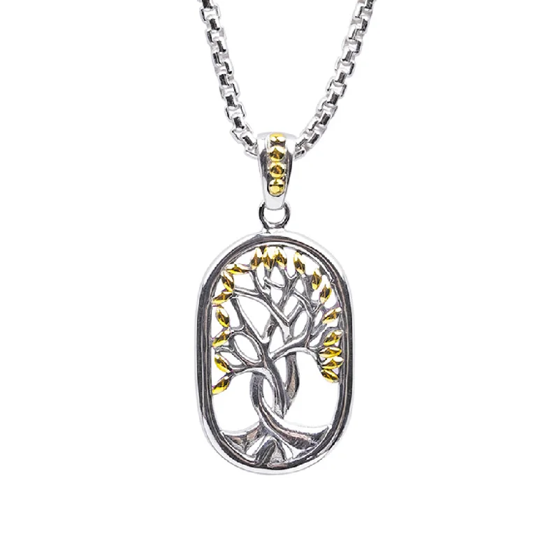 sterling silver necklaces for women-Silver and 18k Gold Tree of Life Open Dogtag Pendant- Large