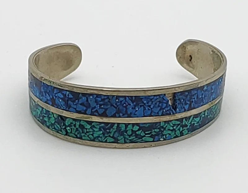 large cuff bracelets for women-DAMAGED Vintage Cuff Bracelet with Inlaid Green and Blue Crushed Stone