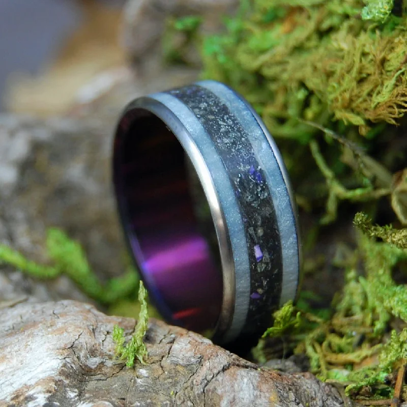 Boston's Purple Meteorite | Men's Charoite, Boston Harbor Sand, Meteorite, & Gray Marbled Opalescent Wedding Ring