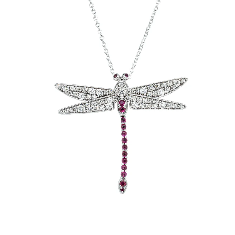 minimalist necklaces for women-Deja Vu 18ct White Gold Ruby & Diamond Dragonfly Pendant