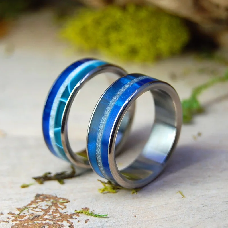 Moody Blue Aquamarine & Aquatic | Beach Sand And Marbled Opalescent - Titanium Wedding Ring Set