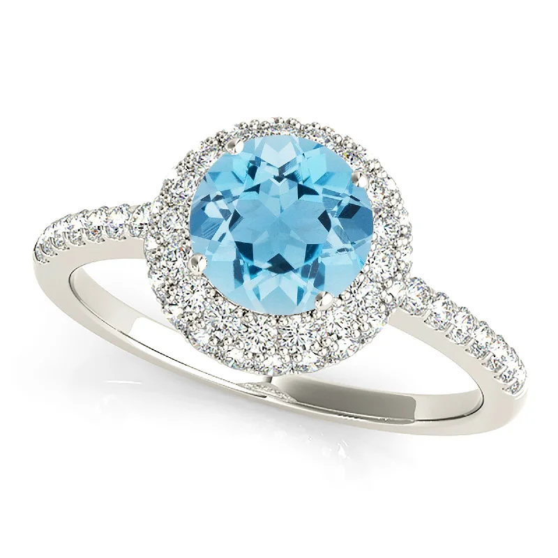 1.10 ct. Genuine Aquamarine Ring With Double Edge Halo and Delicate Thin Diamond Band