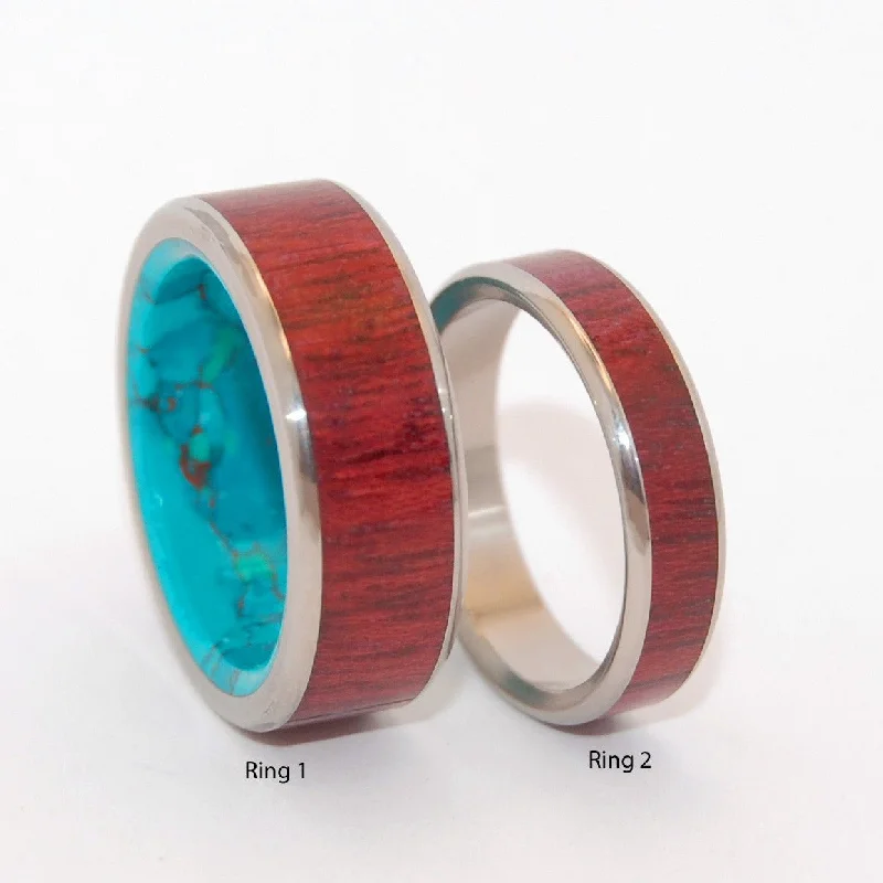 Promised Land Brave Heart | Purple Heart Wood & Chrysocolla Stone - Unique Titanium Wedding Ring Set