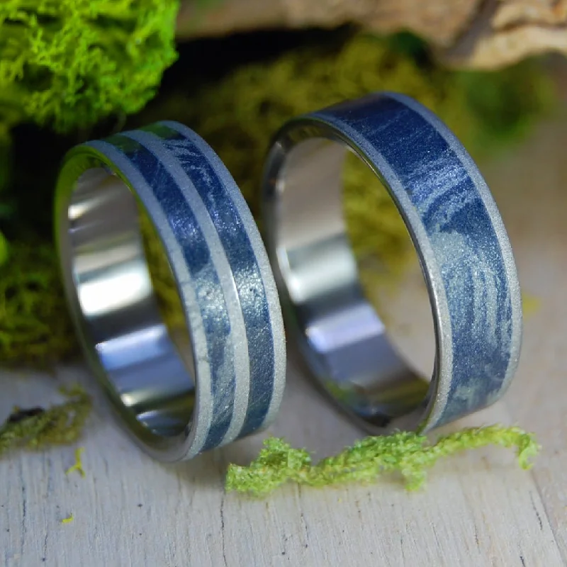 Blue Silver Love Love Double | Mokume Gane M3 & Titanium - Unique Wedding Rings - Wedding Ring Set