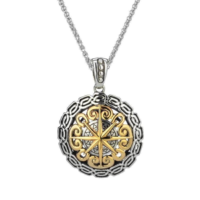 birthday gift necklaces for women-Silver and 10k Gold Compass Pendant