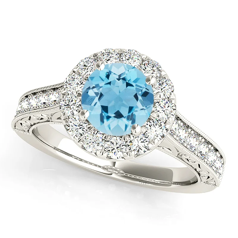 1.10 ct. Genuine Aquamarine Ring With Halo, Milgrain And Filigree Diamond Band