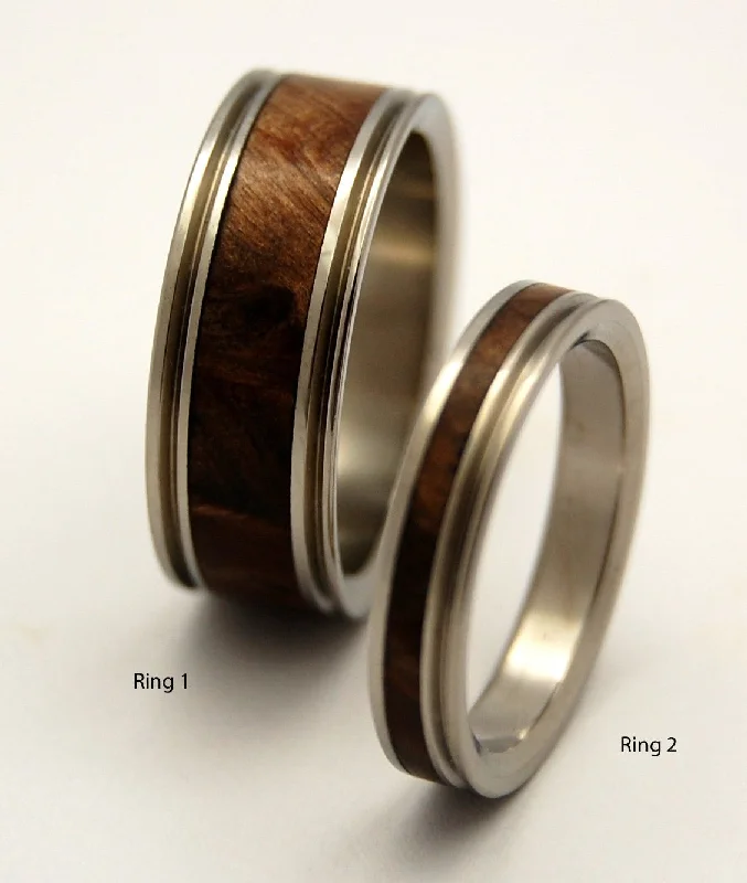 Miracles Happen | Dark Maple Wood & Titanium - Unique Wedding Ring Set