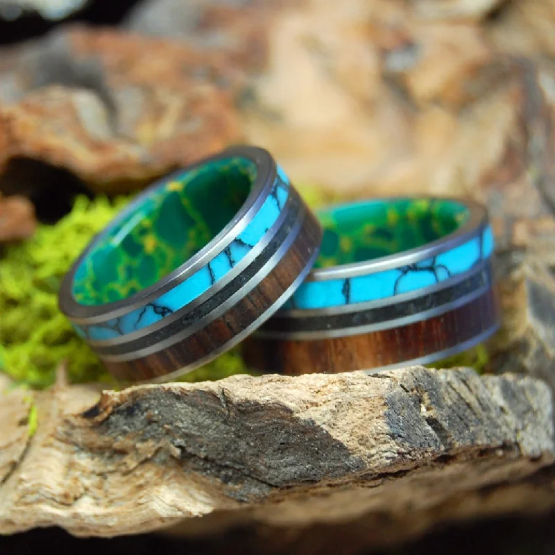 All Of Iceland In My Heart | Icelandic Lava Sand, Turquoise  & Koa Wood - Titanium Wedding Ring Set