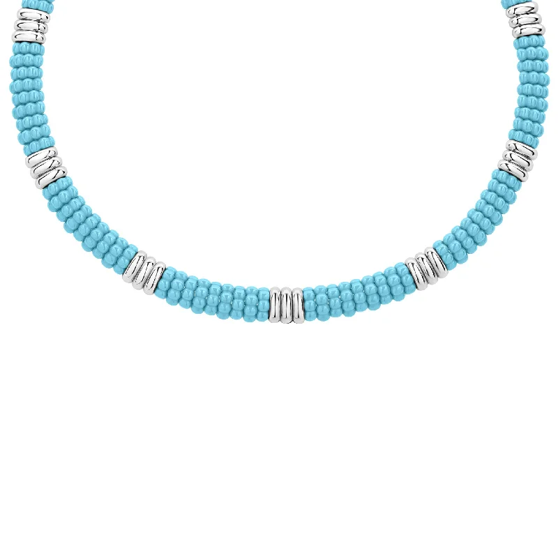 diamond necklaces for women-Blue Caviar Smooth Silver Station Ceramic Beaded Necklace