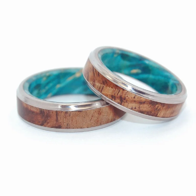 Turquoise Night | Hawaiian Koa Wood & Titanium - Unique Wedding Ring - Wedding Ring Set