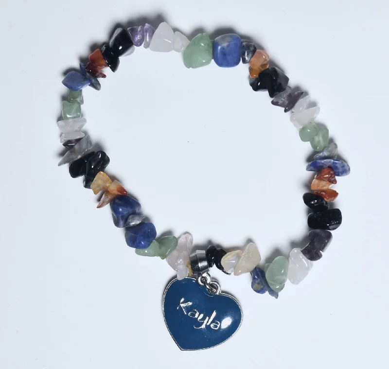 custom charm bangle sets for women-Blue Enamel "Kayla" Heart Charm on Gemstone Beaded Stretch Bracelet