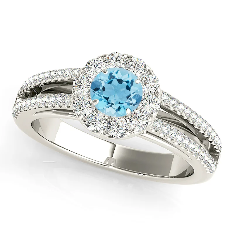 0.85 ct. Genuine Aquamarine Ring with Halo And Split Diamond Band