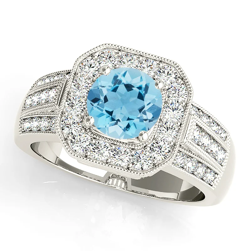 1.10 ct. Genuine Aquamarine Ring With Halo And Triple row Diamond band