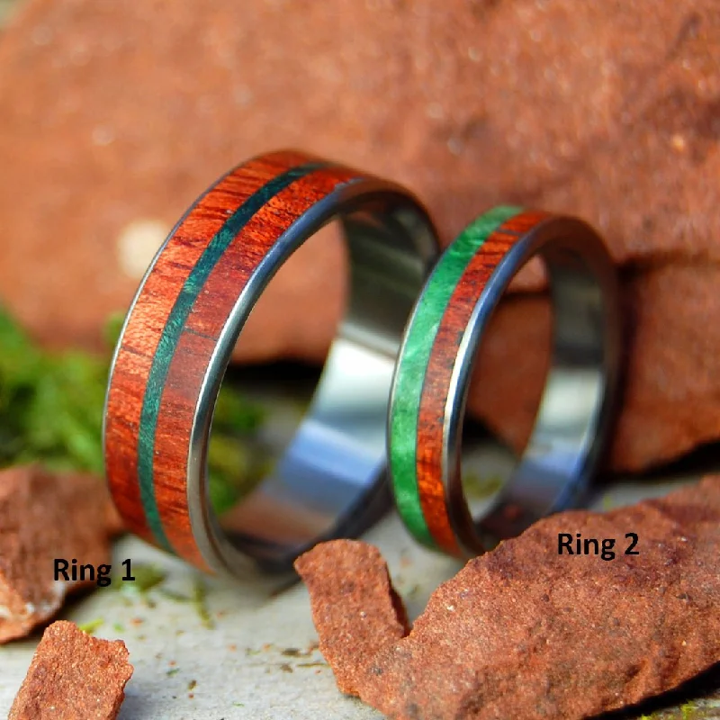 Plants Of Zion | Bloodwood, Green Box Elder & Green Maple - Titanium & Wood Wedding Ring Set